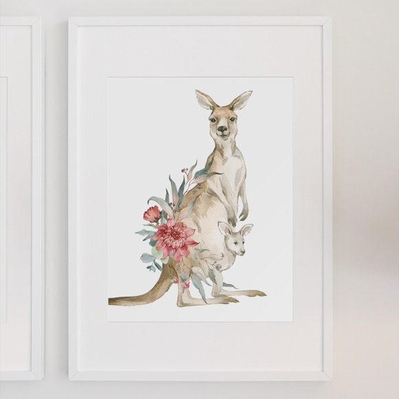 Watercolor Floral Kangaroo Illustration Wall Art Print Poster Unframed - Picture 3 of 9